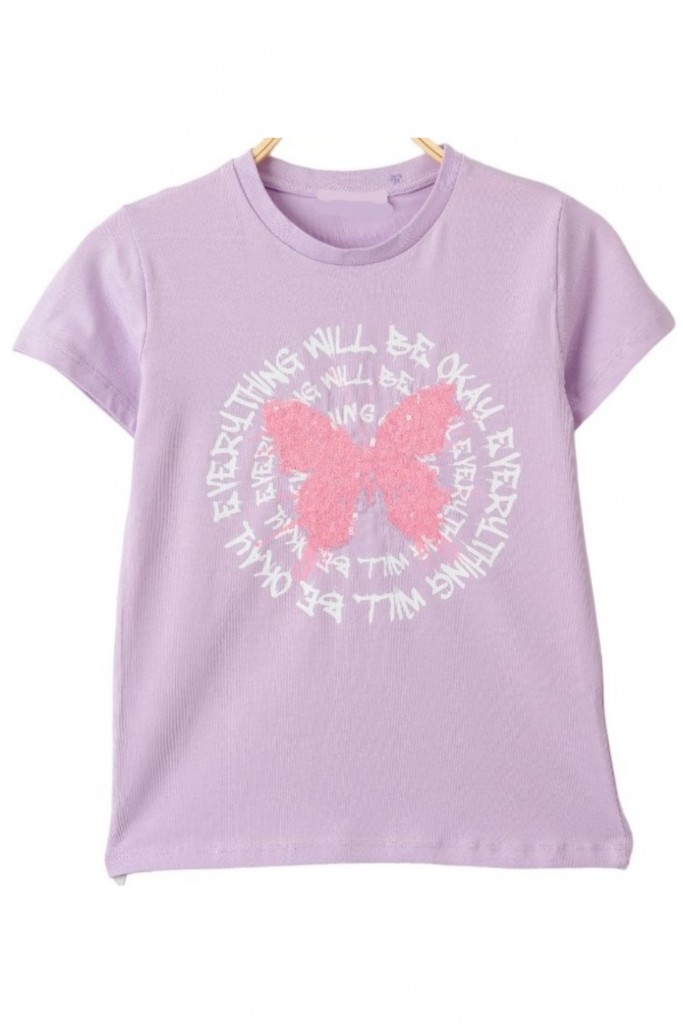 Kız Çocuk Kelebeği Pul İşlemeli Yazı Desenli Lila Renk Tişört