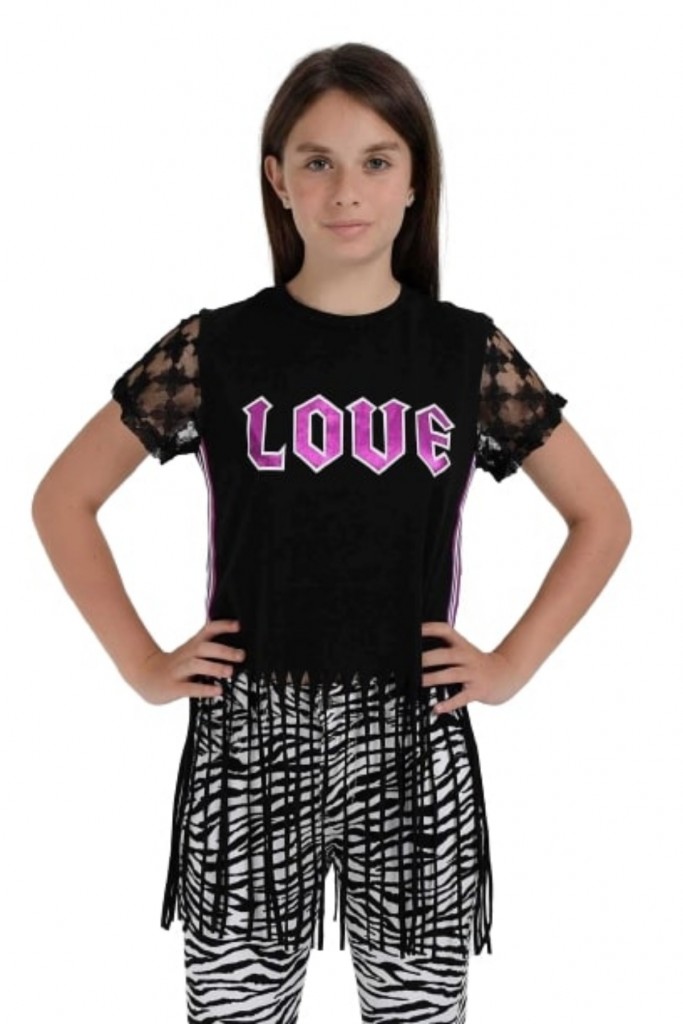 Kız Çocuk Love Desenli Püsküllü Kol Ve Sırtı Dantel Detaylı Tişört