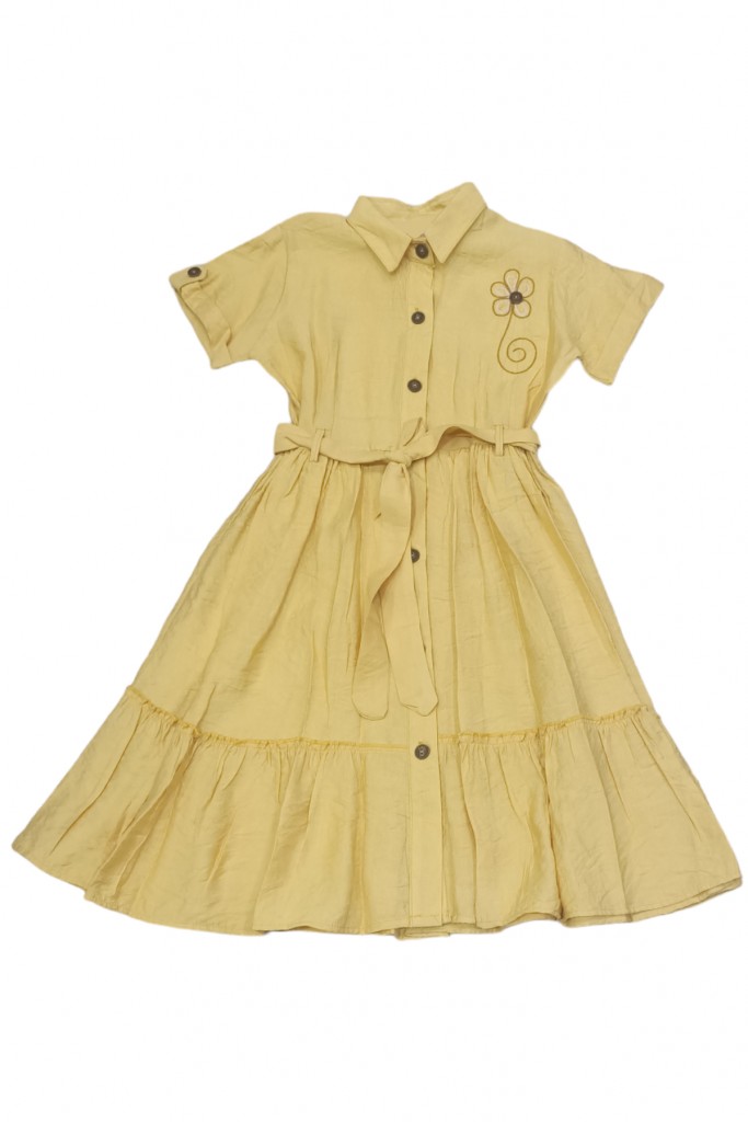 Kız Çocuk Midi Boy (Diz Altı) Üzeri Çiçek Nakışlı Beli Kuşaklı Düğme Kapamalı Sarı Renk Elbise