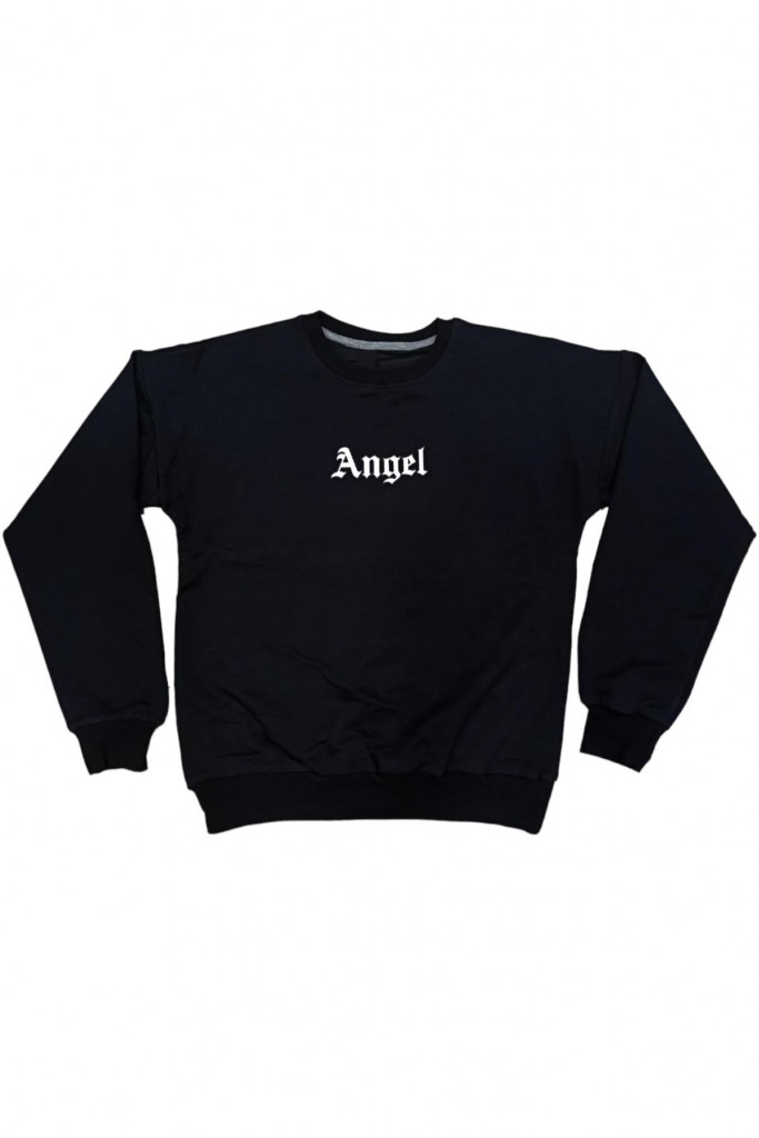 Kız Çocuk Önü Angel Yazı Desenli Sırtı Melek Kanatlı Siyah Sweatshirt