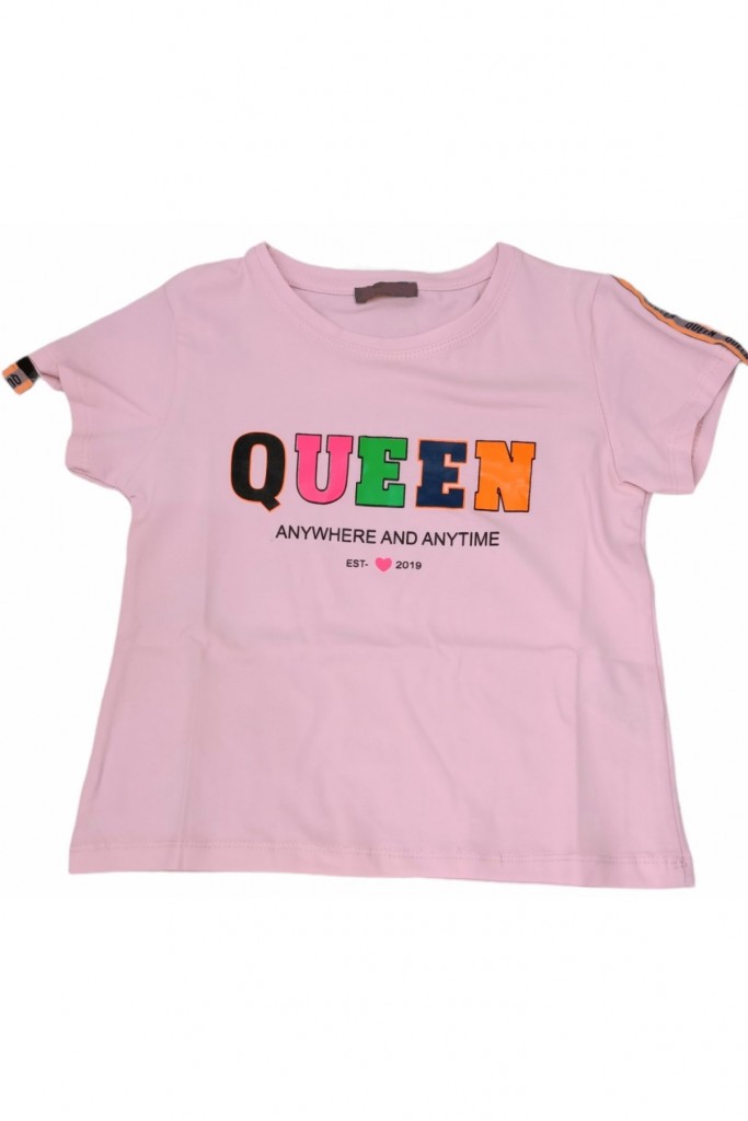 Kız Çocuk Queen Yazı Desenli Omzu Şeritli Kemer Üstü Tişört