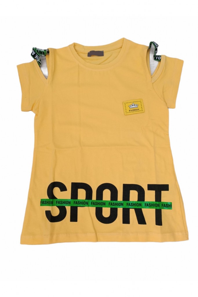 Kız Çocuk Sport Yazı Desenli Omuz Detaylı Tişört