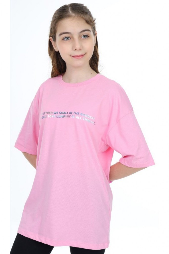 Kız Çocuk Together Yazı Tavşan Desenli Önü Arkası Baskılı Likralı Oversize Pembe Renk Tişört