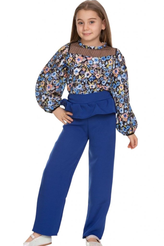 Kız Çocuk Tül Detaylı Çiçek Desenli Pantolonlu Takım Mavi