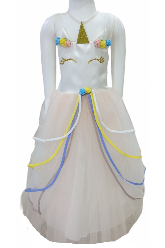 Kız Çocuk Unicorn Desenli Tarlatanlı Kabarık Model Elbise Pudra