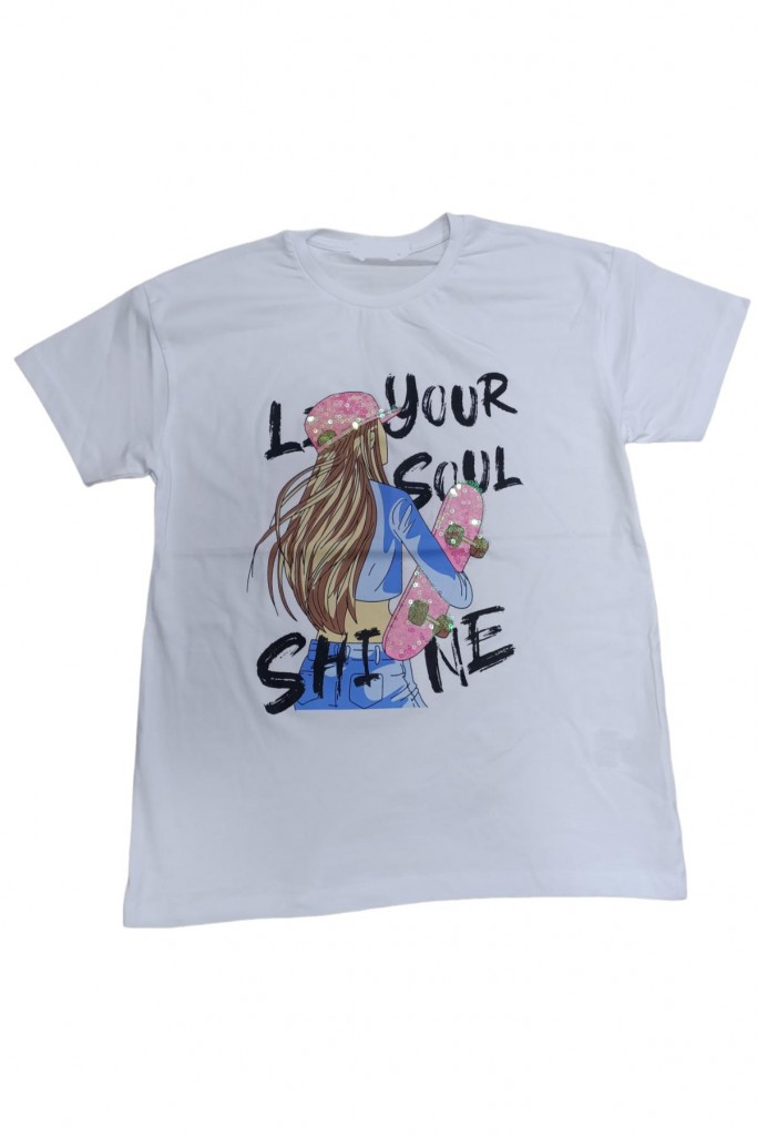 Kız Çocuk Your Soul Yazı Resim Desenli Pullu Tişört Beyaz
