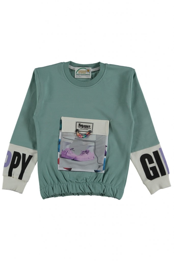 Kız Çocuk Zincir Detaylı Kolu Yazılı Cepli Sweatshirt