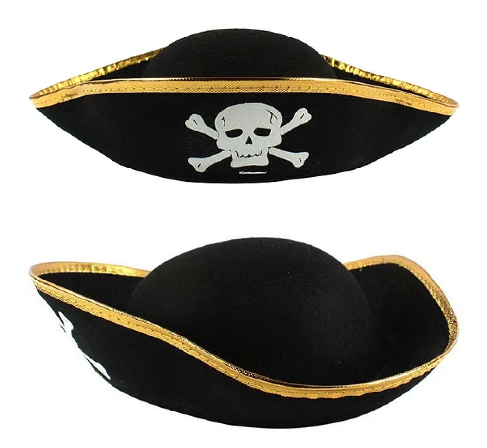 Altın Şeritli Siyah Renk Yayvan Korsan Şapkası Yetişkin 32X24 Cm
