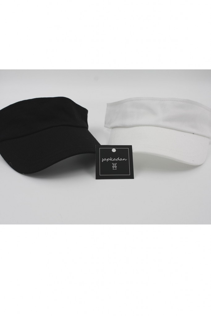 Unisex Uv Koruyucu Vizör Kasket Siperlik Tenis Şapka Beyaz-Siyah Set