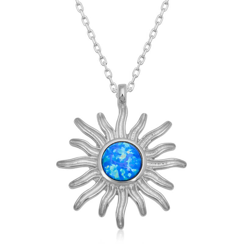 ​925 Ayar Gümüş Mavi Opal Taşlı Güneş Kadın Gümüş Kolye