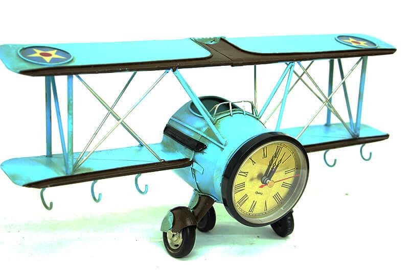 Dekoratif Metal Uçak Askı Ve Saatli Masa Saati Vintage Hediyelik