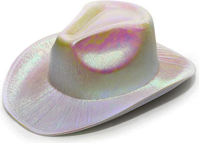 Neon Hologramlı Kovboy Model Parti Şapkası Beyaz Yetişkin 39X36X14 Cm