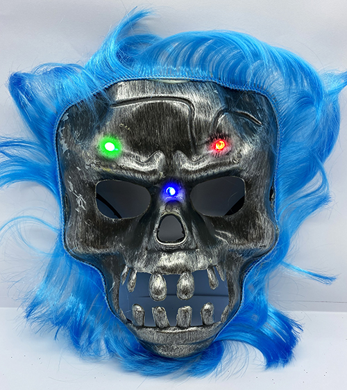 Parti Aksesuar Mavi Saçlı Led Işıklı Kuru Kafa İskelet Korku Maskesi 22X25 Cm
