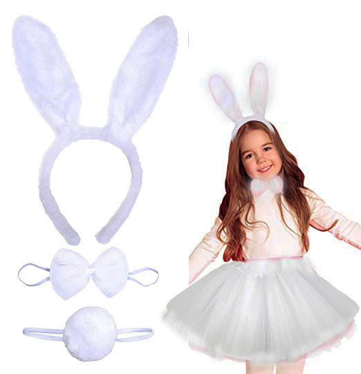 Tavşan Tacı Eteği Papyonu Ve Kuyruk Kostüm Seti Beyaz Renk Çocuk Boy