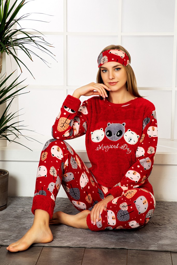 Nisanca Desenli Kışlık Kadın Welsoft Polar Pijama Takımı
