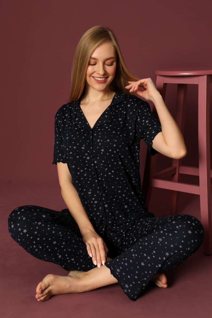 Nisanca Kısa Kollu Bambu Gömlek Pijama Takımı- Genç Anne Serisi