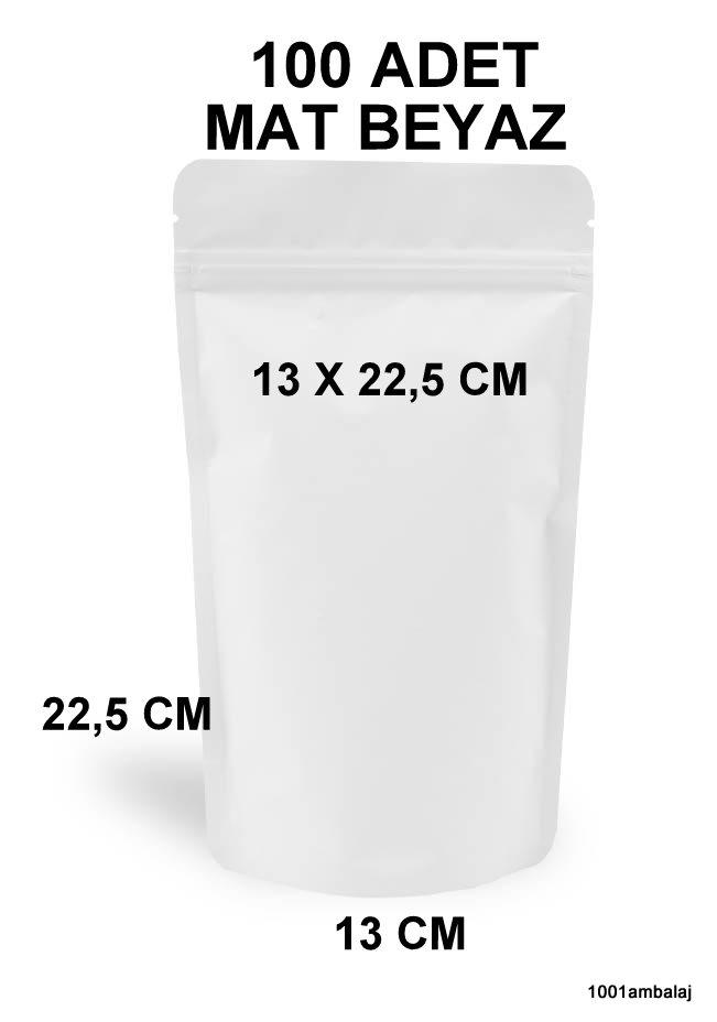 13X22,5 Cm Mat Beyaz Renkli (100 Adet) Kilitli Doypack Torba 250 Gr