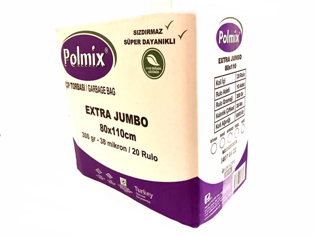 Çöp Torbası Polmix Jumbo Extra 80X110 Siyah 1 Koli 20 Paket