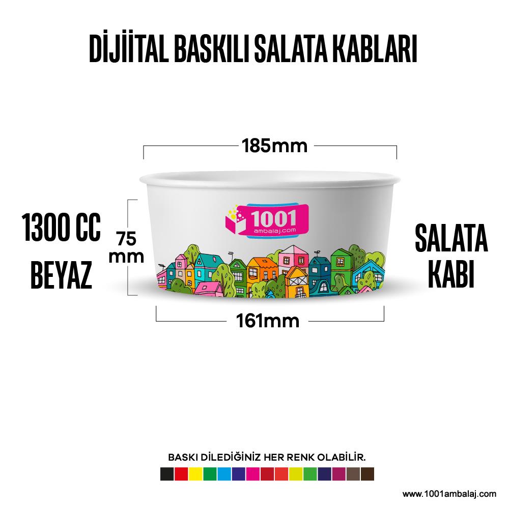 Dijital Baskılı 1300 Cc Karton Salata Kabı Beyaz