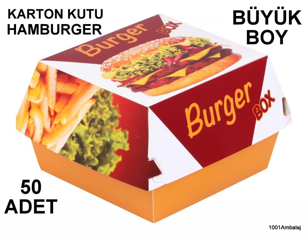 Hamburger Kutusu Karton Fast Food Boy Hamburger Baskili 50 Adet