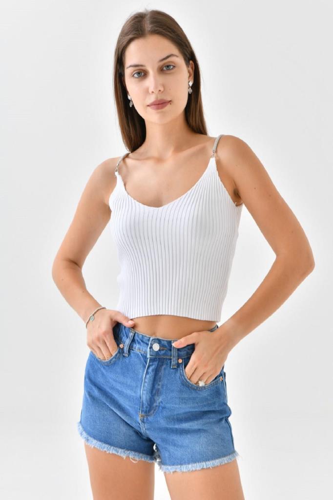 Askılı Sim Detaylı Beyaz Mini Kadın Triko Crop Top