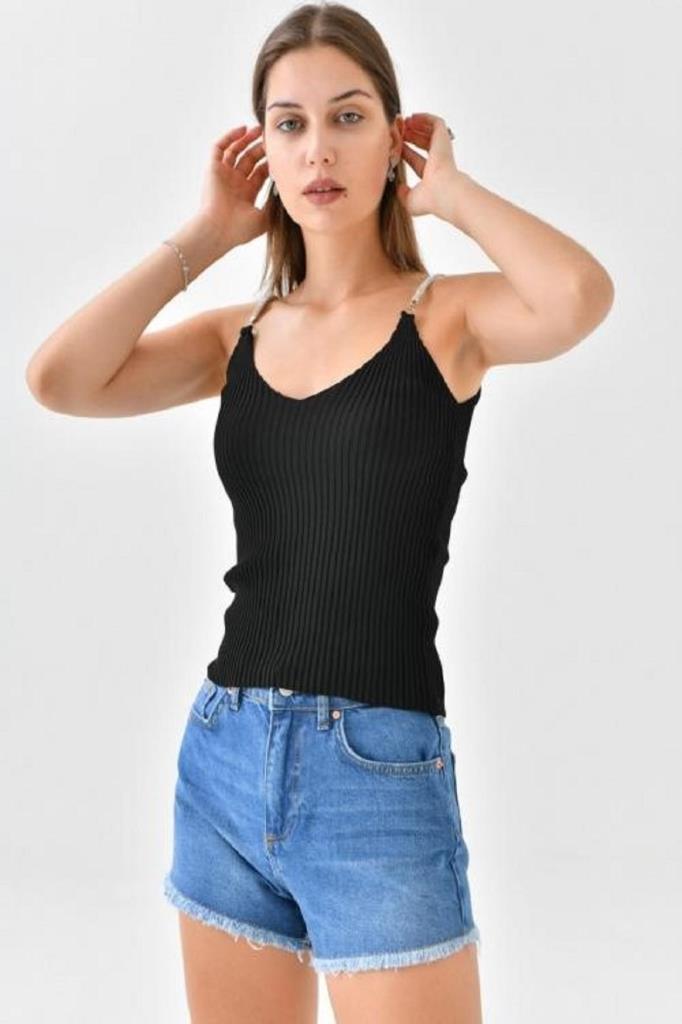 Askılı Sim Detaylı Siyah Kadın Triko Crop Top