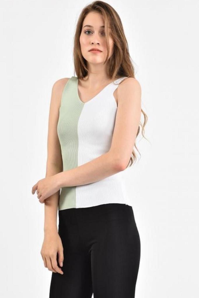Askılı V Yaka Mint Ve Ekru Renkli Kadın Triko Kadın Bluz