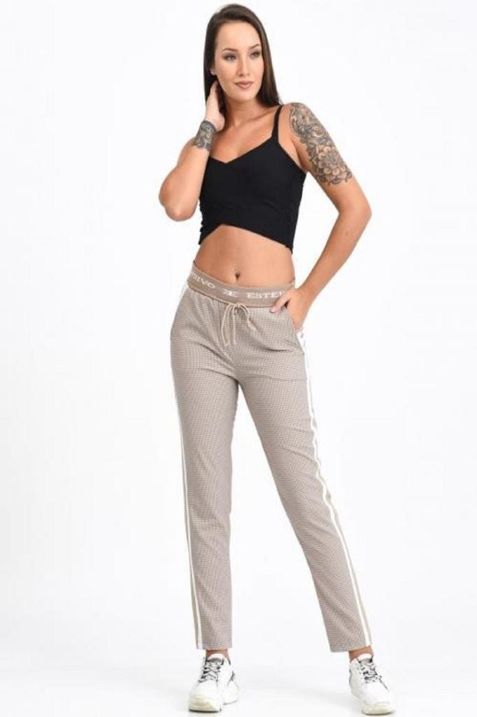 Belden Lastikli Ve Bağcıklı Şeritli Ekose Bej Kadın Pantolon