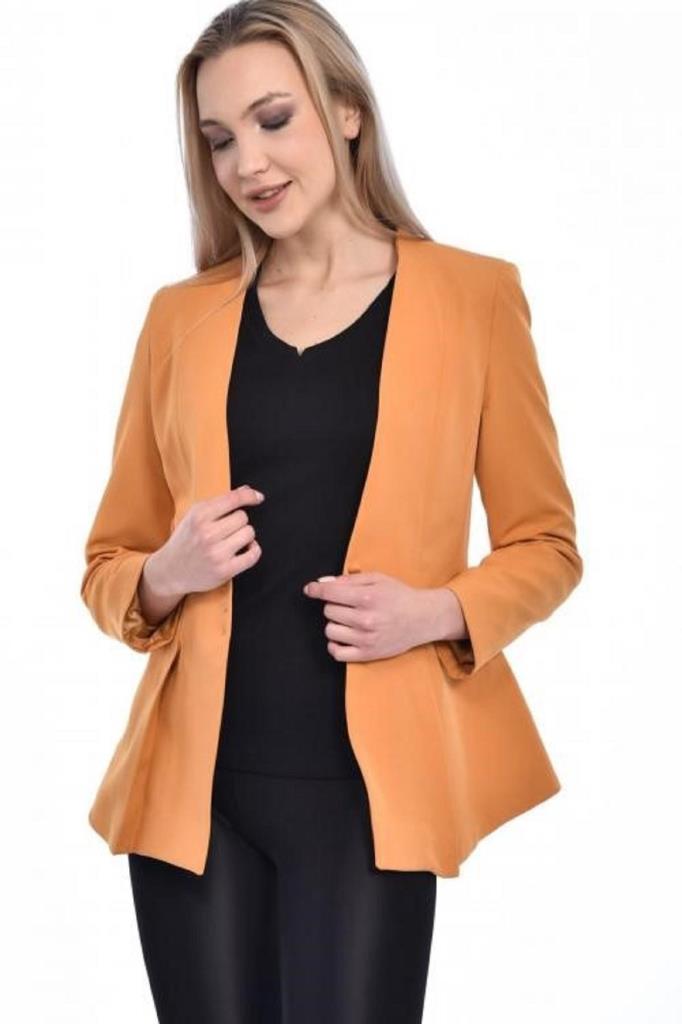 Düğme Ve Pile Detaylı Blazer Hardal Kadın Ceket