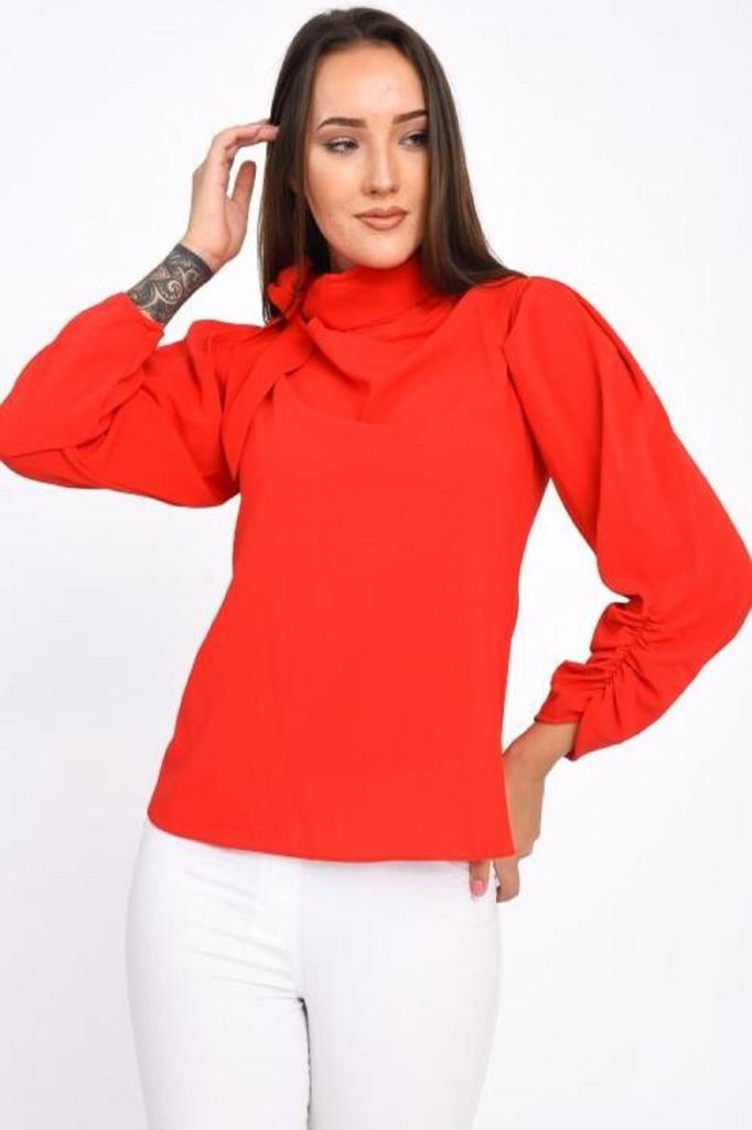 Fular Detaylı Uzun Kollu Kırmızı Kadın Bluz