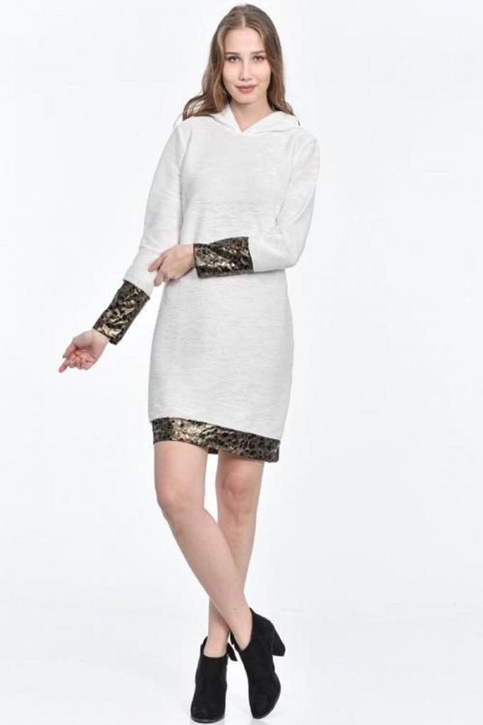 Kapüşonlu Kol Ve Etek Deri Detaylı Beyaz Kadın Elbise