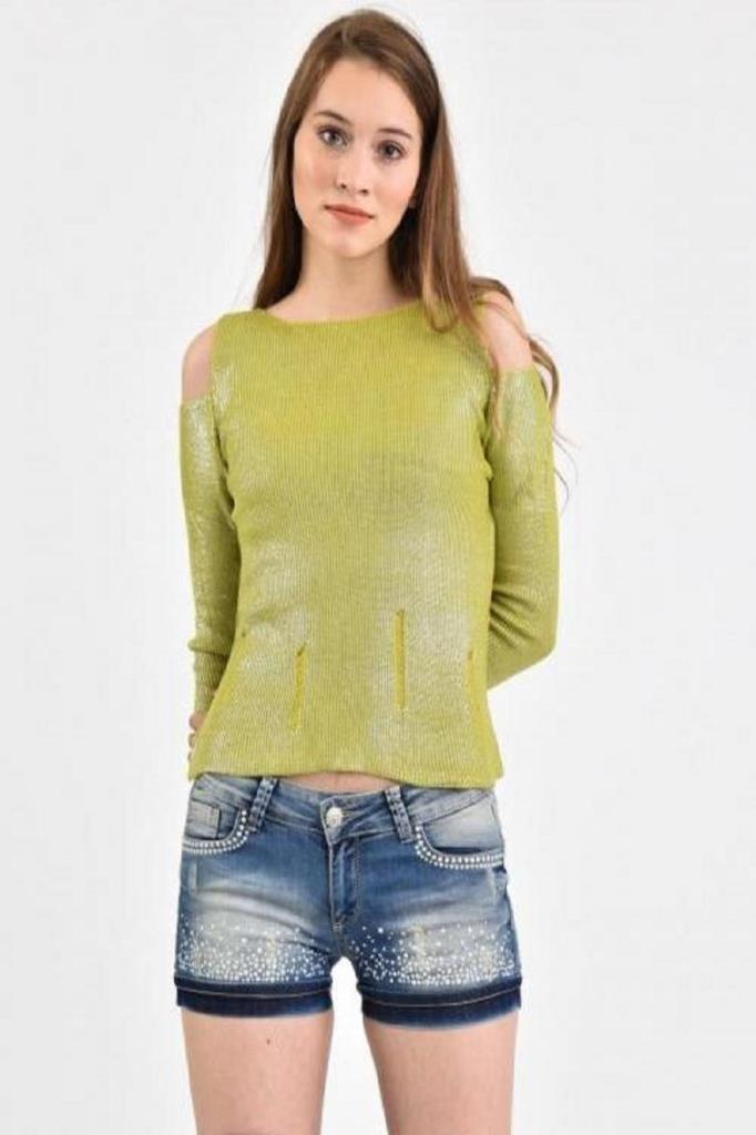 Kayıkçı Yaka Zincir Örme Omuz Detaylı Yeşil Triko Kadın Bluz