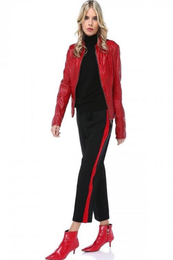Kırmızı Şeritli Siyah Bilek Kadın Pantolon