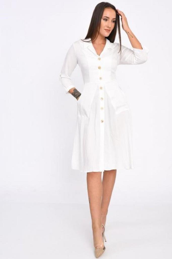 Kruvaze Yaka Cep Düğmeli Ve Sırt Detaylı Beyaz Kadın Elbise