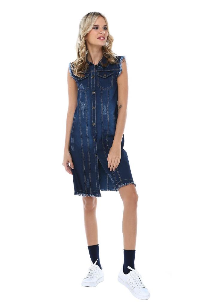 Püsküllü Düğmeli Uzun Koyu Mavi Kadın Kadın Kot Elbise