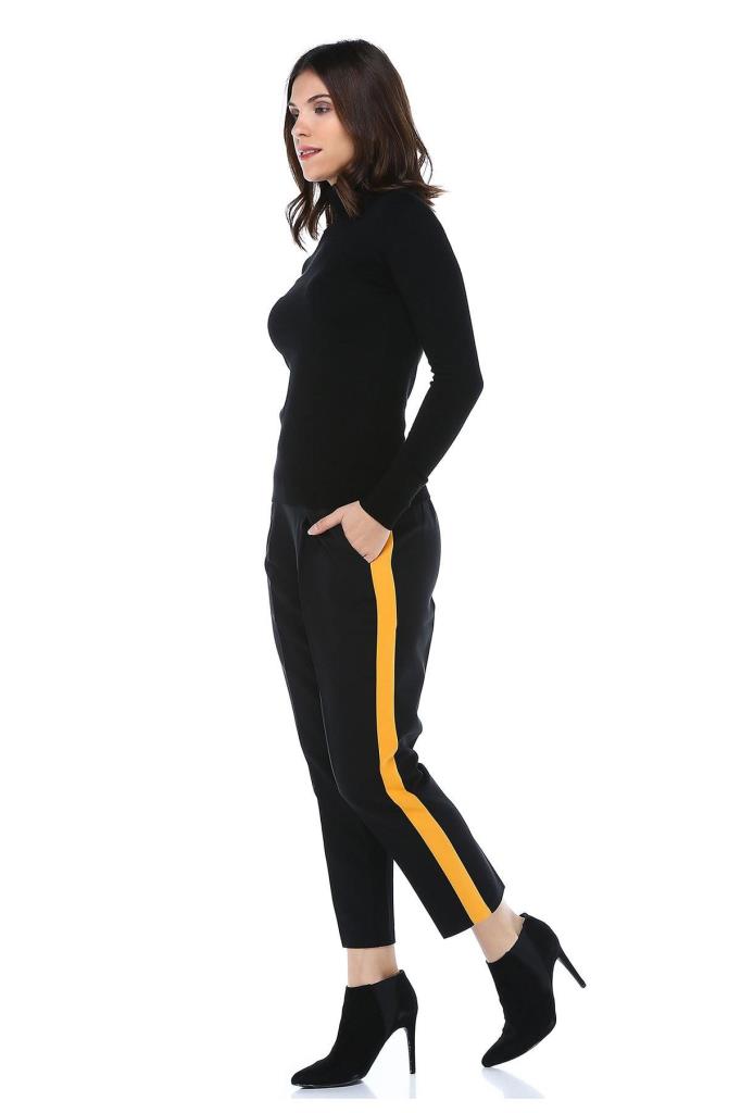 Sarı Şeritli Siyah Bilek Kadın Pantolon