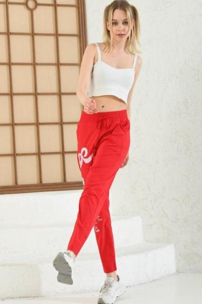 Taş İşlemeli Bağcıklı Belden Lastikli Kırmızı Kadın Pantolon