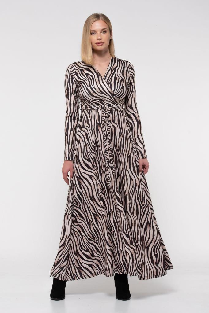 V Yaka Dekolte Zebra Desenli Kemerli Kadife Elbise