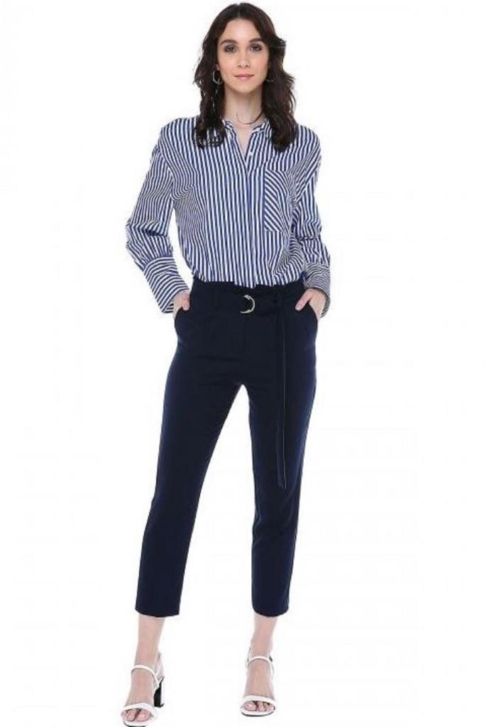 Yüksek Bel Tokalı Lacivert Bilek Kadın Pantolon