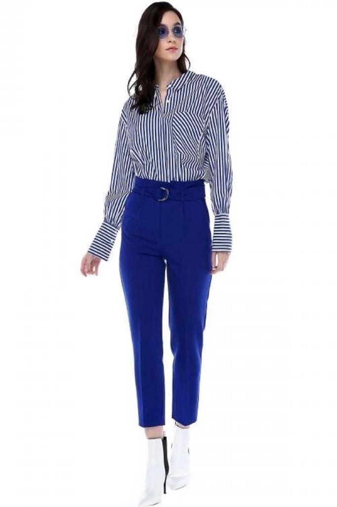 Yüksek Bel Tokalı Saks Mavi Bilek Kadın Pantolon