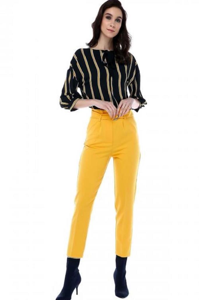 Yüksek Bel Tokalı Sarı Bilek Kadın Pantolon