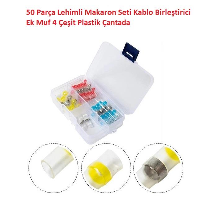 50 Parça Lehimli Makaron Seti Kablo Birleştirici Ek Muf 4 Çeşit Plastik Çantada