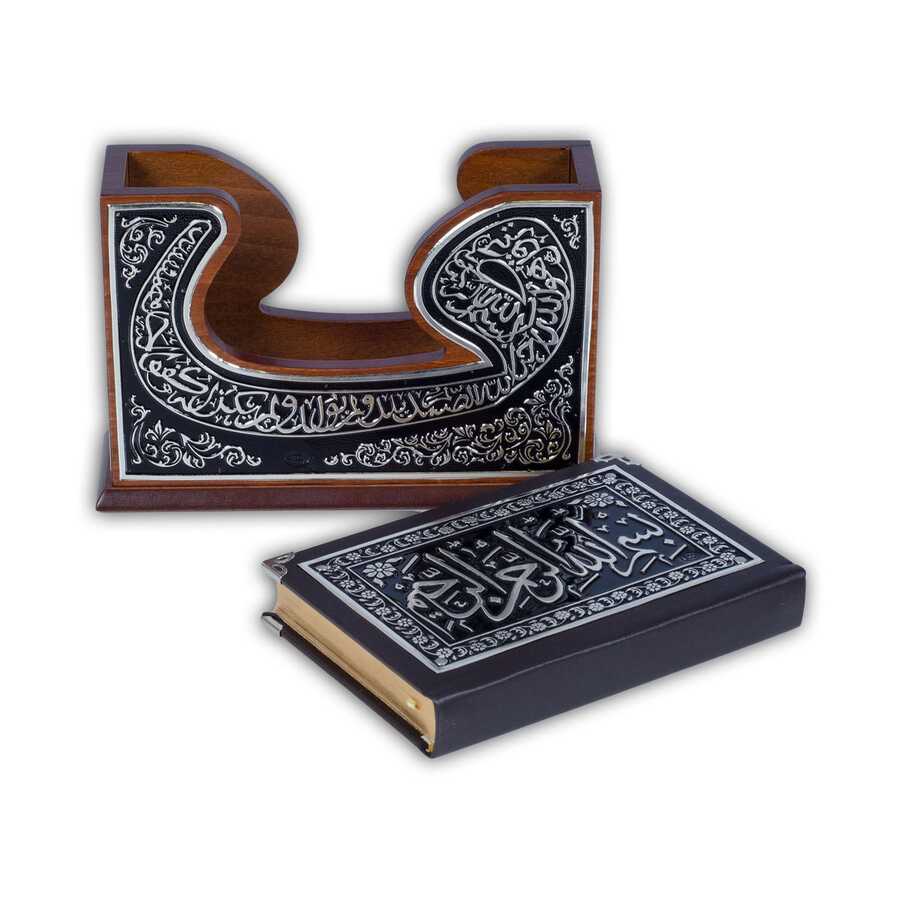 Dik Kutulu Vavlı Siyah Kaplama Gümüş Kur'an-I Kerim (Çanta Boy)