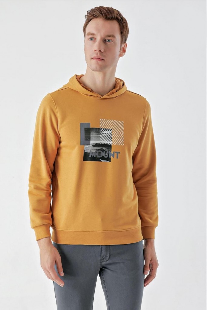 Slimfit Kapşonlu Önü Baskılı 2 İplik Erkek Sweatshirt