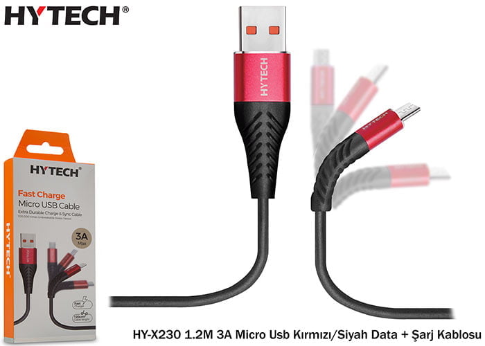 Hytech Hy-X230 1.2M 3A Micro Usb Kırmızı/Siyah Data + Şarj Kablos
