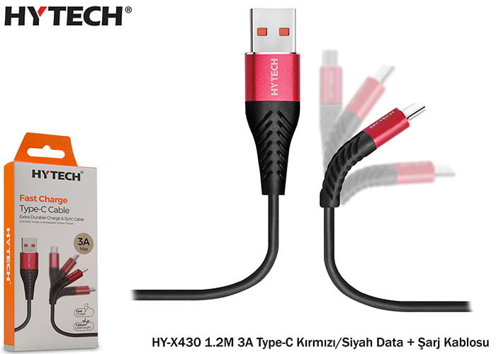 Hytech Hy-X430 1.2M 3A Type-C Kırmızı/Siyah Data + Şarj Kablosu