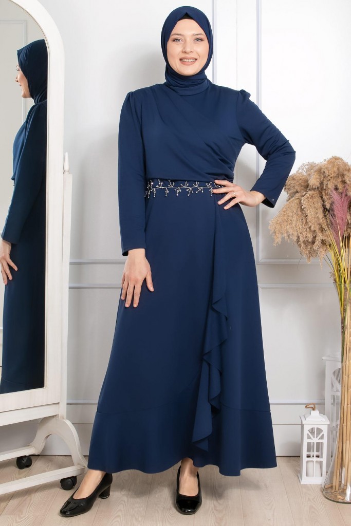 Fırfırlı Taş İşleme Detaylı Elbise Lacivert Fhm874