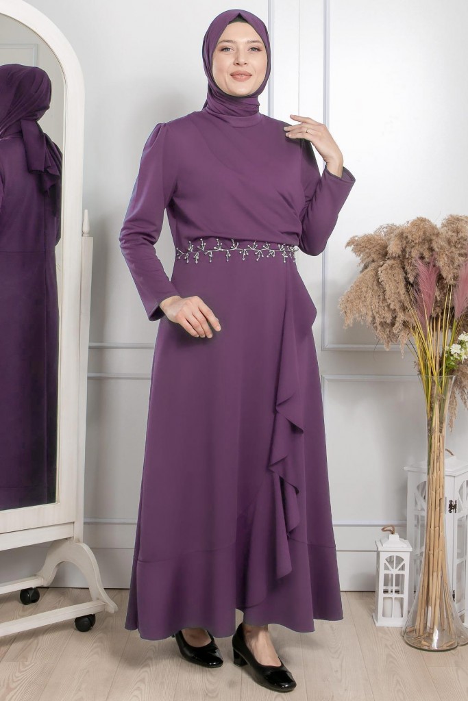 Fırfırlı Taş İşleme Detaylı Elbise Lila Fhm874
