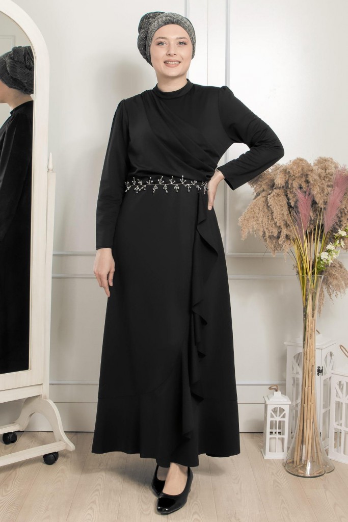 Fırfırlı Taş İşleme Detaylı Elbise Siyah Fhm874