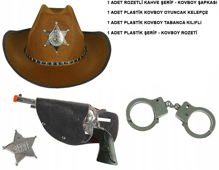 Çocuk Boy Kahverengi Şerif-Kovboy Şapka Tabanca Rozet Ve Kelepçe Seti 4 Parça